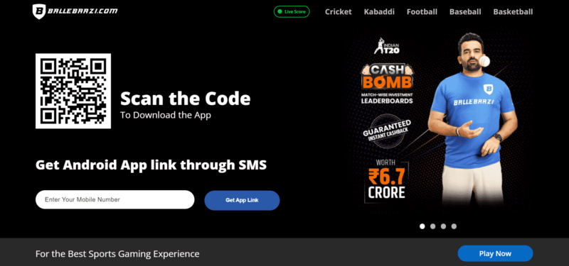 BalleBaazi homepage | Best Fantasy Cricket Apps in India